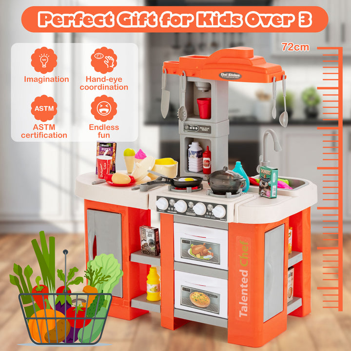 Kids Kitchen Playset with 67 Pieces Accessories and Realistic Lights-Orange