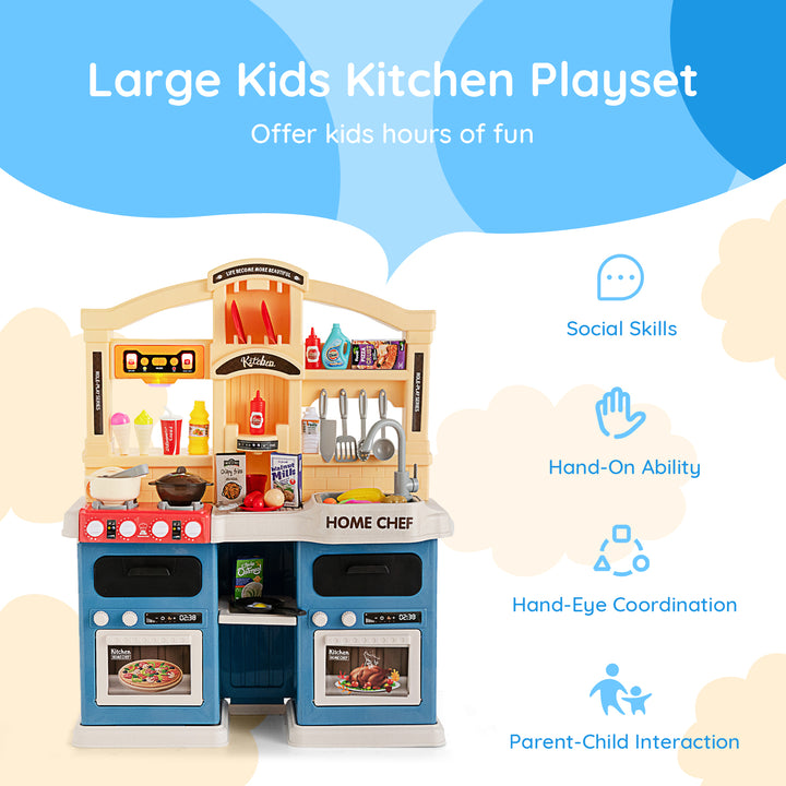 69 Pieces Kids Kitchen Playset Toy with Boiling and Vapor Effects-Blue