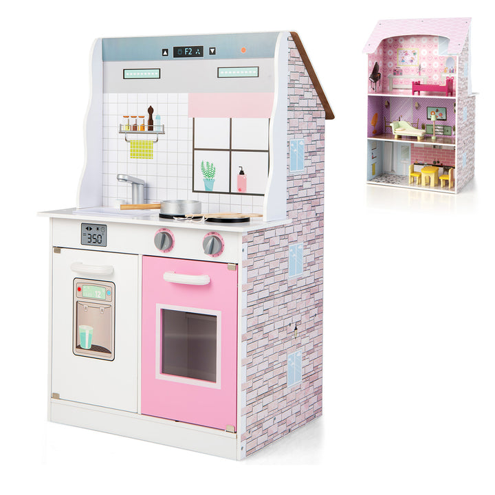 2-In-1 Kitchen Playset and Dollhouse with 9 Accessories