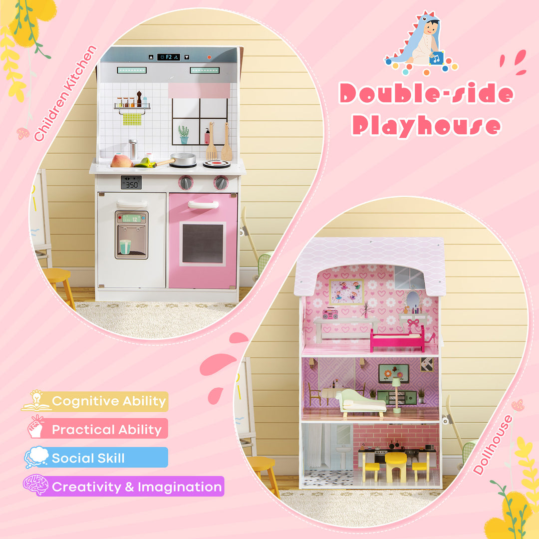 2-In-1 Kitchen Playset and Dollhouse with 9 Accessories