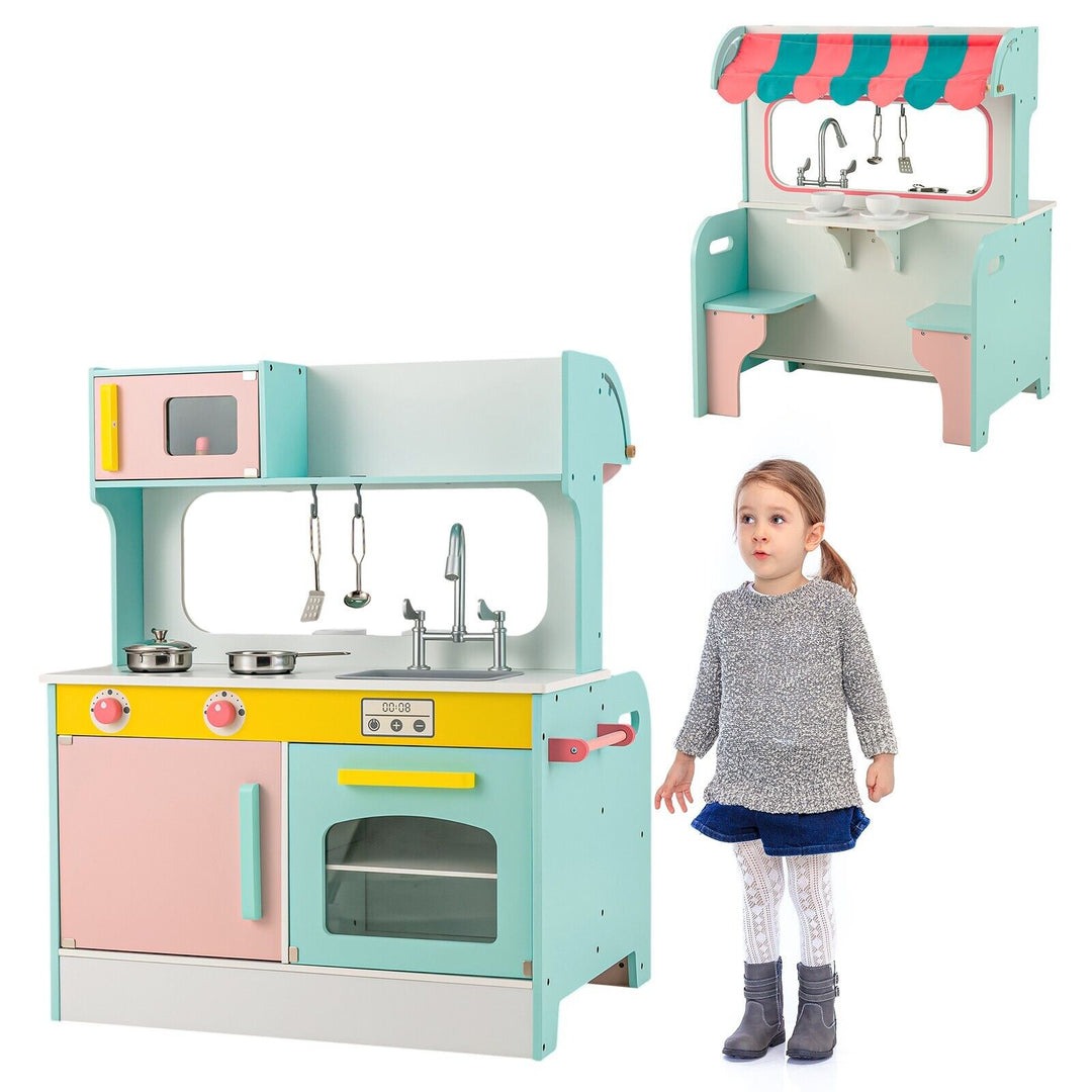 Double Sided Kids Kitchen Playset with Microwave Sink Oven-Blue