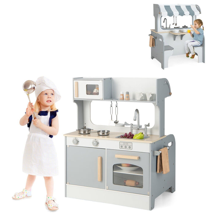 Double Sided Kids Kitchen Playset with Microwave Sink Oven-Grey
