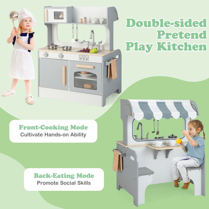 Double Sided Kids Kitchen Playset with Microwave Sink Oven-Grey