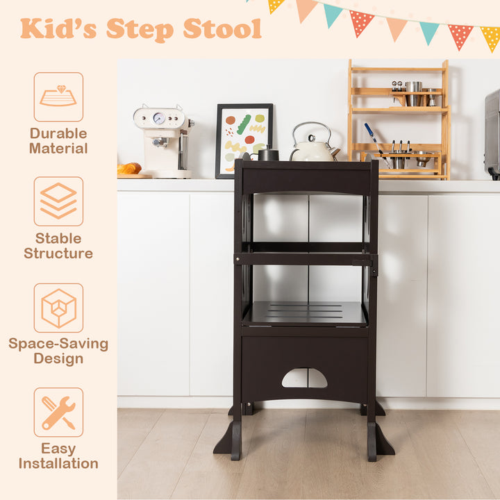 Folding Height Adjustable Kids Step Stool with Safety Latches-Brown