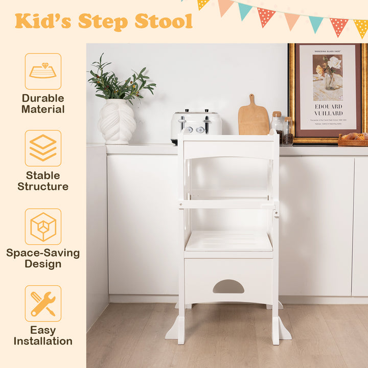 Folding Height Adjustable Kids Step Stool with Safety Latches-White