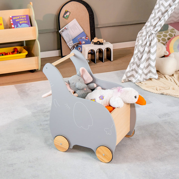 2-in-1 Wooden Baby Walker with Storage Chest and 4 Wheels-Grey