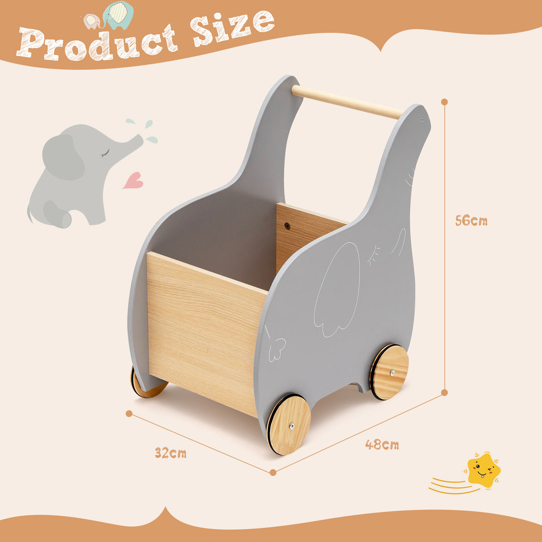 2-in-1 Wooden Baby Walker with Storage Chest and 4 Wheels-Grey