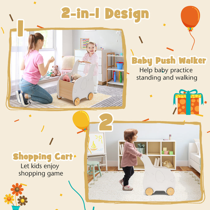 2-in-1 Wooden Baby Walker with Storage Chest and 4 Wheels-White