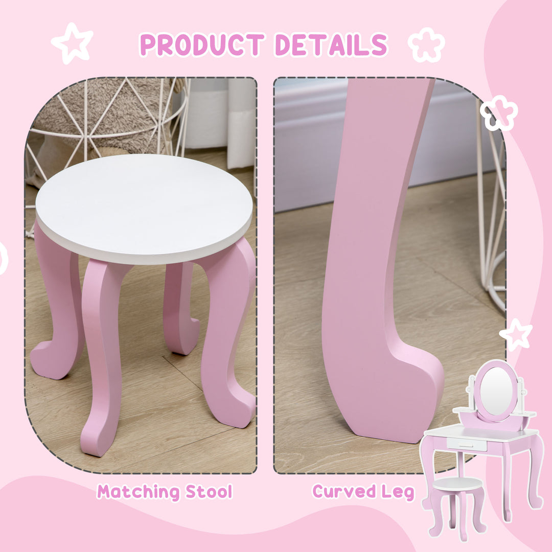 Kids Dressing Table Set Kids Vanity Set Girl Makeup Desk with Mirror Stool Drawer Round Legs for 3-6 Years Old, Pink