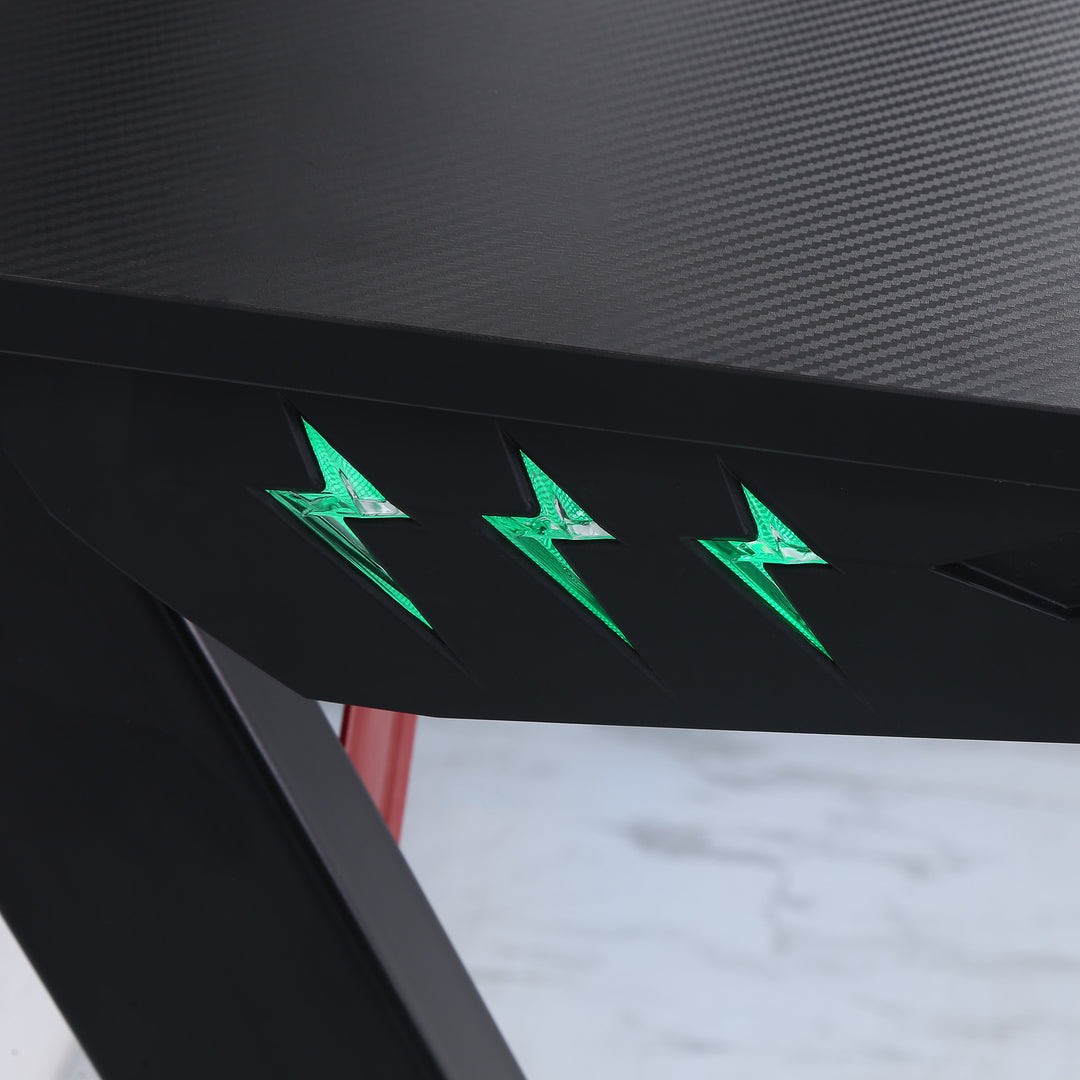 HOMCOM Racing Style Gaming Desk with LED Lights, Z-Shaped Computer Table Workstation with Cup Holder, Headphone Hook for Study, Home Office, Black