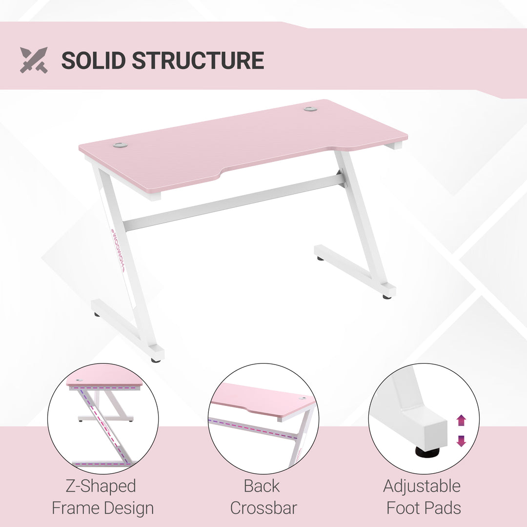 HOMCOM 1.2m Gaming Desk Z-Shaped Racing Style Home Office Computer Table with 2 Cable Managements for E-sport Study Workstation Pink