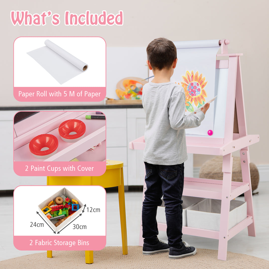 Children's Double-Sided Art Easel with Paper Roll-Pink