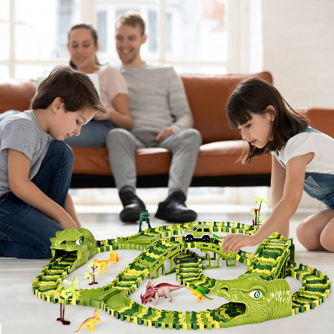 Flexible Train Tracks with 8 Dinosaurs and Electric Car and Accessories