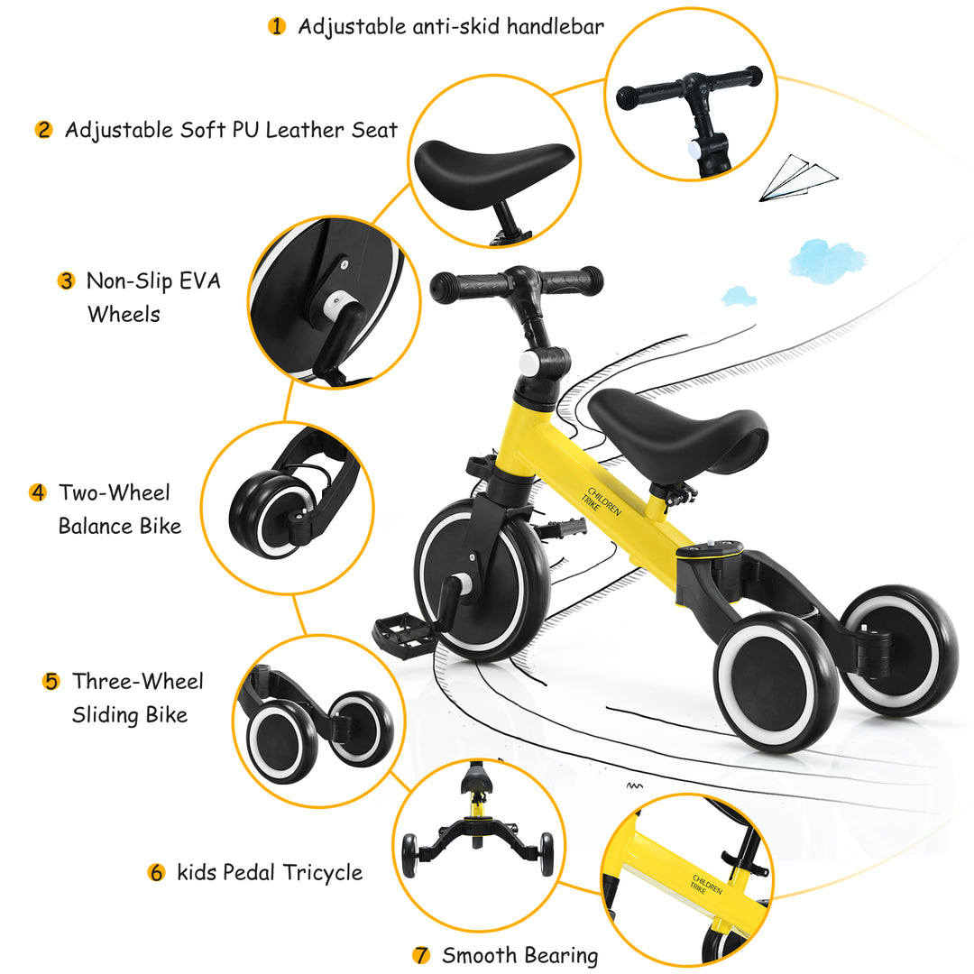 Convertible Balance Kids Bike Trike with Detachable Pedal-Yellow
