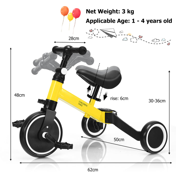 Convertible Balance Kids Bike Trike with Detachable Pedal-Yellow