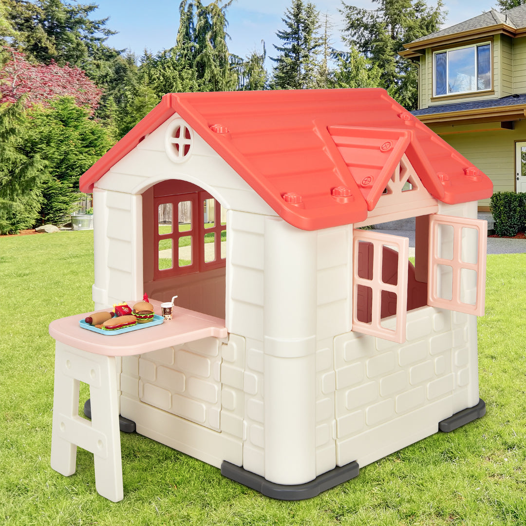 Outdoor Cottage Pretend Play Center with Picnic Table and Food Toy Set-Pink