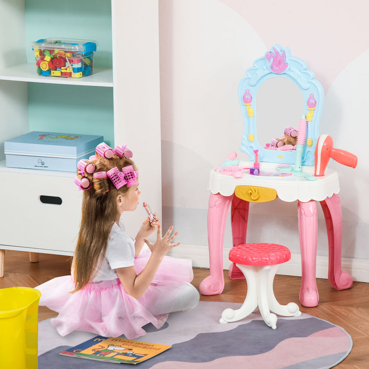 20 PCS Kids Dressing Table Set, Children Vanity Make Up Desk, Musical Pretend Toy, with Beauty Kit, Mirror, Stool, for 3-6 Years Old, Pink