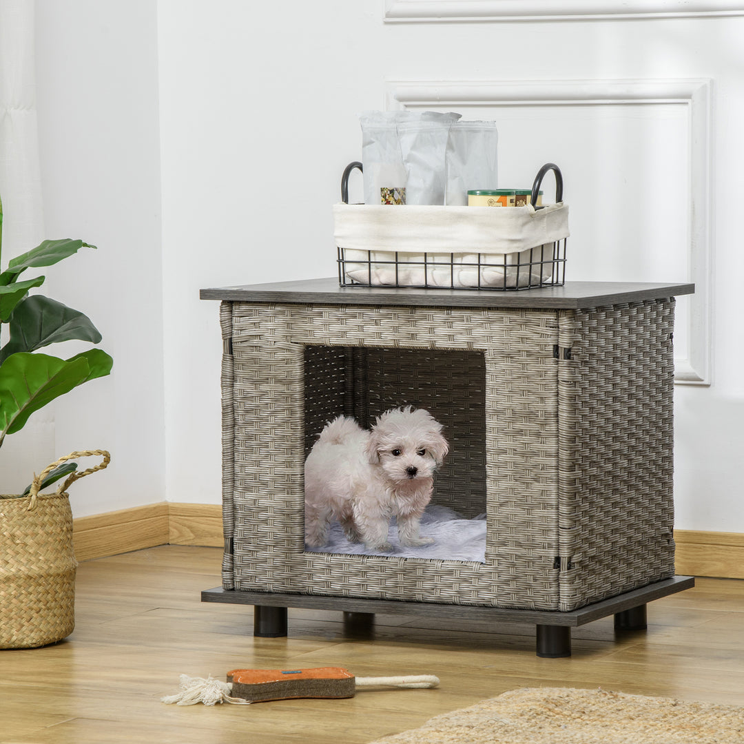 Wicker Dog House Rattan Pet Bed End Table Furniture with Soft Cushion for X-Small Dogs - Grey