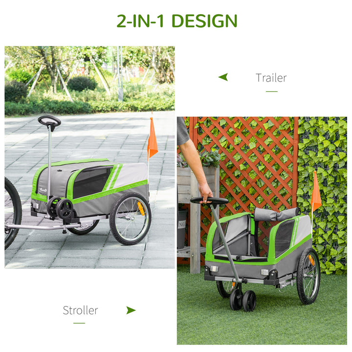 PawHut Dog Bike Trailer Two-In-One Trolley Stroller Cart Bicycle Carrier for Cat Puppy Travel w/ Reflectors Red Flag – Green