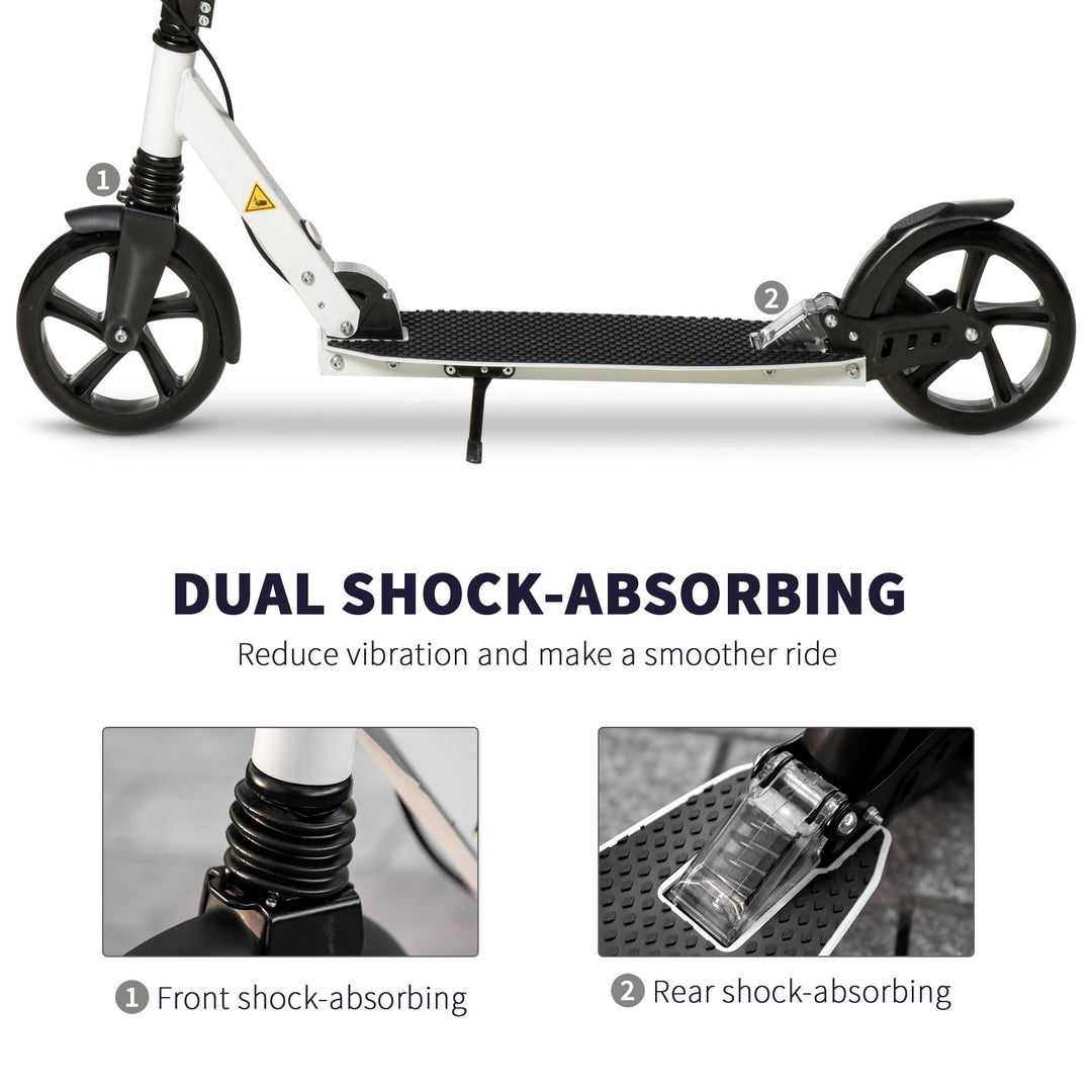 One-click Folding Kick Scooter for 14+ w/ Adjustable Handlebar, Push Scooter with Kickstand, Dual Brake System, Shock Absorber, White