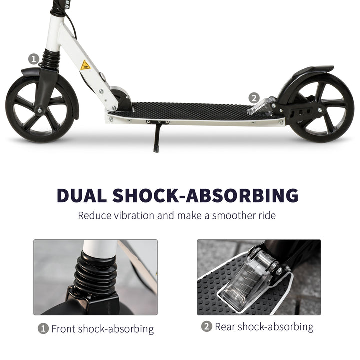 One-click Folding Kick Scooter for 14+ w/ Adjustable Handlebar, Push Scooter with Kickstand, Dual Brake System, Shock Absorber, White