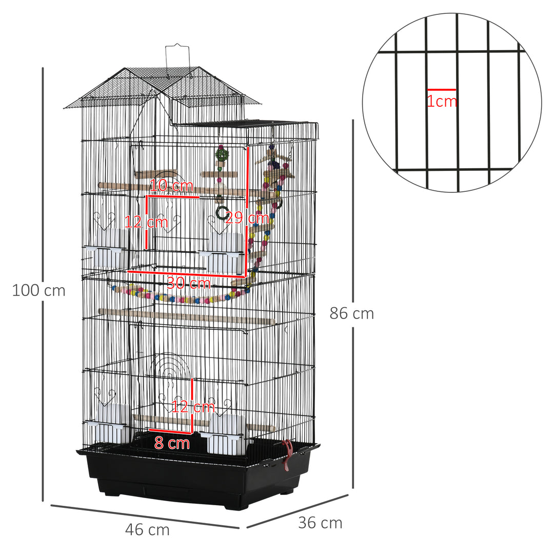 PawHut Bird Cage for Budgies Finches Canaries with Accessories, Toys, Tray, Handle, 46 x 36 x 100 cm, Black