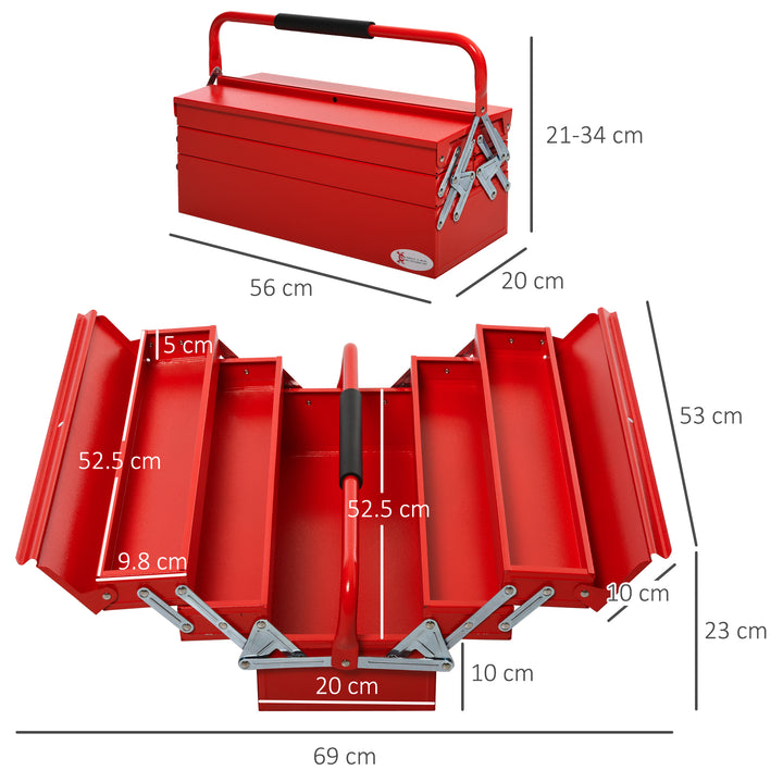 DURHAND Metal Tool Box 3 Tier 5 Tray Professional Portable Storage Cabinet Workshop Cantilever Toolbox with Carry Handle, 57cmx21cmx41cm, Red