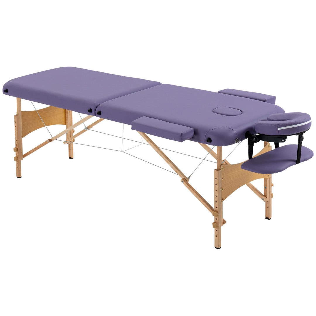 Portable Massage Bed, Folding Spa Beauty Massage Table with 2 Sections, Carry Bag and Wooden Frame, Purple