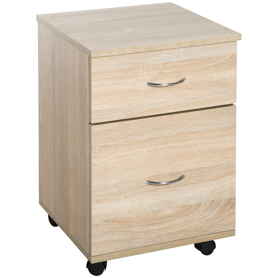Mobile Wooden 2 Drawers Cabinet Storage Box with Wheels (Oak)