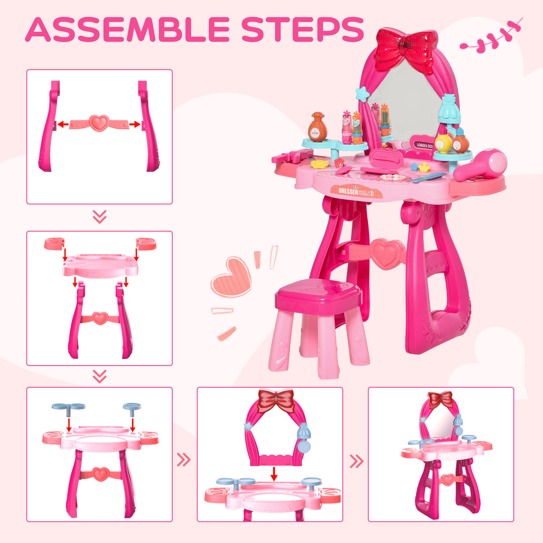 36 Pcs Kids Vanity Musical Dressing Table Make Up Desk w/ Stool Beauty Kit Toy Children Glamour Princess Magic Mirror Lights for 3 Years Old
