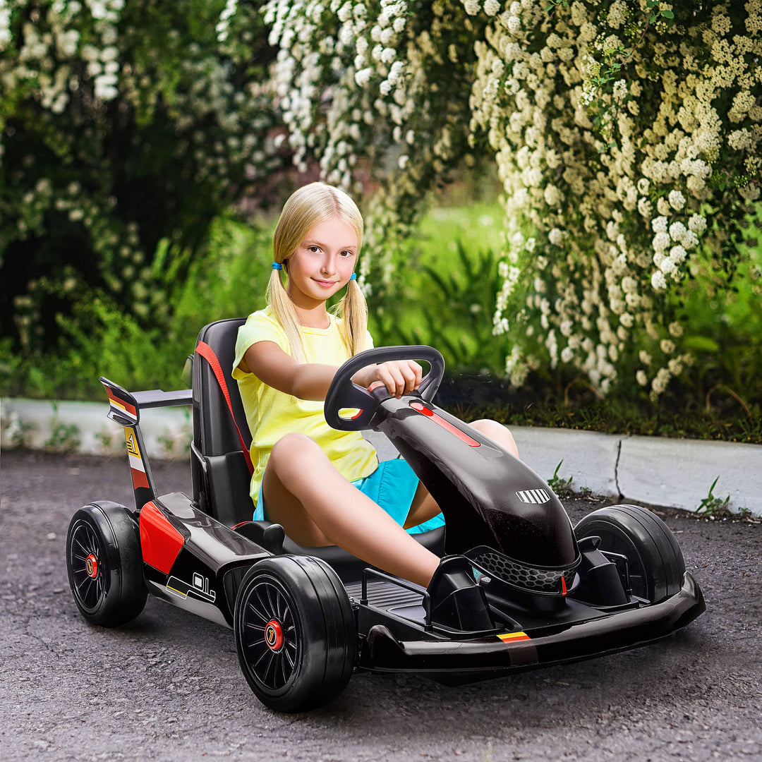 Electric Go Kart with Adjustable Footrest, Reversing Steering Wheel, Kids Ride-On Racing Go Kart with 12V Rechargeable Battery, 2 Speeds Black