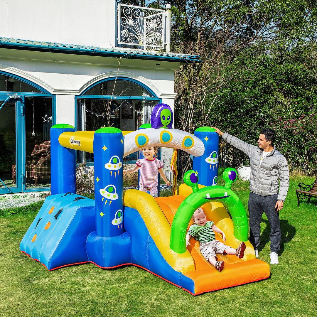 Outsunny 4 in 1 Kids Bounce Castle Large Alien-Style Inflatable House Slide Trampoline Climbing Wall Basket with for Kids Age 3-8, 3.2 x 2.4 x 2m