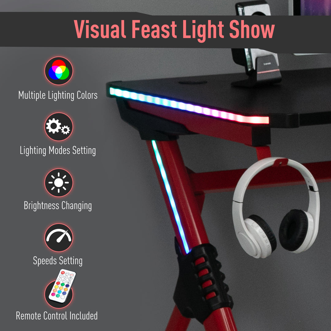 Gaming Desk with RGB LED Lights Racing Style Gaming Table with Cup Holder, Cable Management, Red