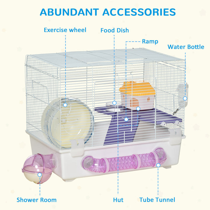PawHut Hamster Cage, Gerbil Haven, Multi-storey Rodent House, Small Animal Habitats, Large Hide-out, w/ Water Bottle, White