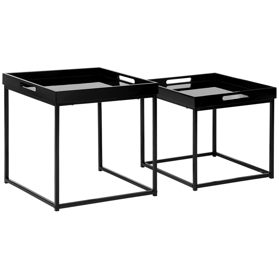 Modern Coffee Table Set of 2, Square Nest of Tables with Steel Frame and High Gloss Effect for Living Room, Black
