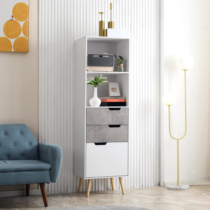 Narrow Sideboard Storage Cabinet, Free Standing Accent Cupboard with 3 Drawers, 2 Open Shelves for Bedroom, Living Room, Hallway, Light Grey