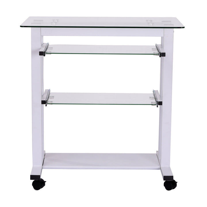 Computer Desk Glass Table Workstation Laptop pc desk mobile  with wheels White