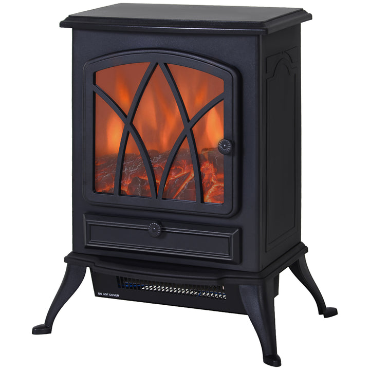 Free Standing Electric Fireplace Stove with Fan and Log Burning Flame Effect 2000W / 1000W Room Heater Wood Burner 2 Heat Settings  (Black)