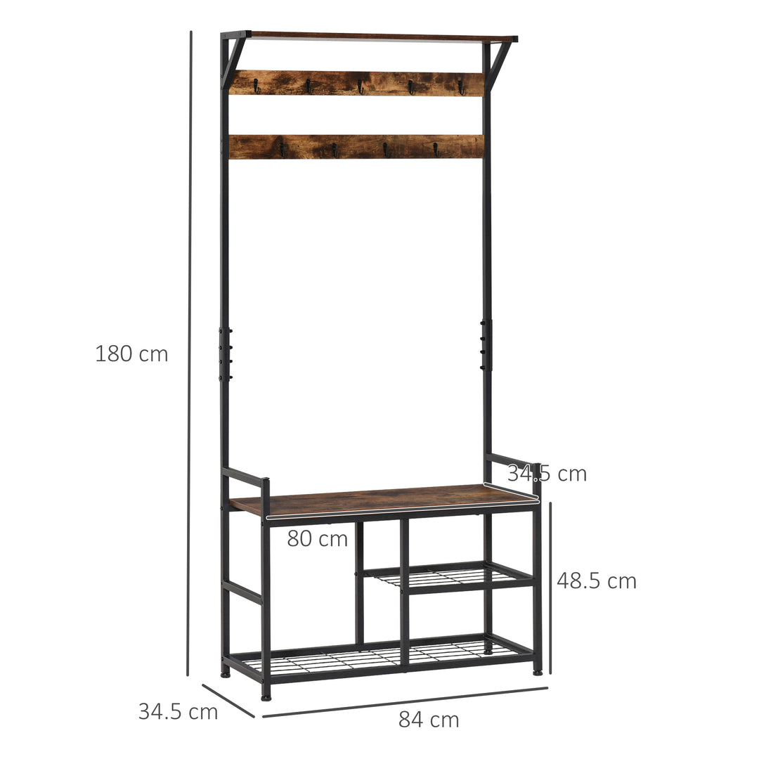 Coat Rack Coat Stand Shoe Storage Bench with 9 Hooks Shelves for Bedroom Living Room Entryway Brown and Black 180cm