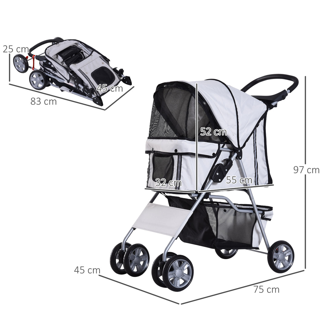 PawHut Dog Pram Pet Stroller Dog Pushchair Foldable Travel Carriage with Wheels Zipper Entry Cup Holder Storage Basket Grey