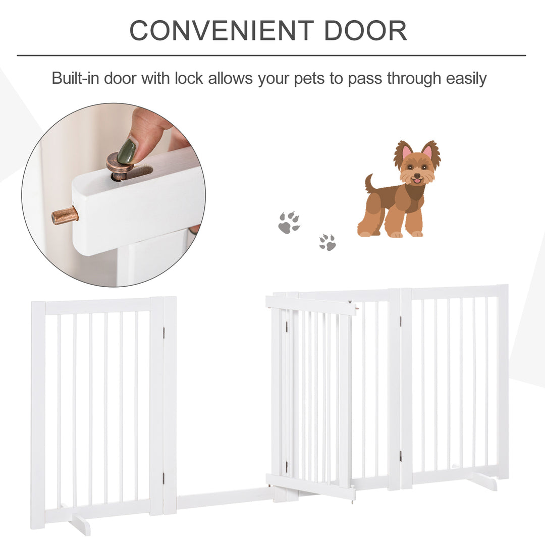 PawHut Wooden Freestanding Pet Gate 4 Panels 91cm Foldable Dog Safety Fence with 2 Support Feet Walk-through Door for Doorway Stairs White