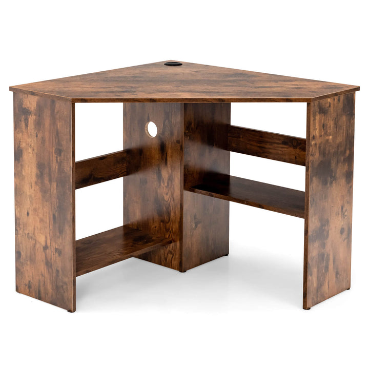 Triangle Corner Computer Desk with Open Shelf and Cable Holes-Rustic Brown
