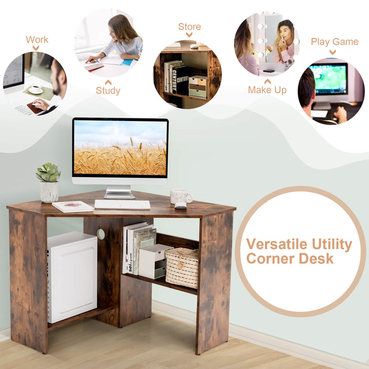 Triangle Corner Computer Desk with Open Shelf and Cable Holes-Rustic Brown