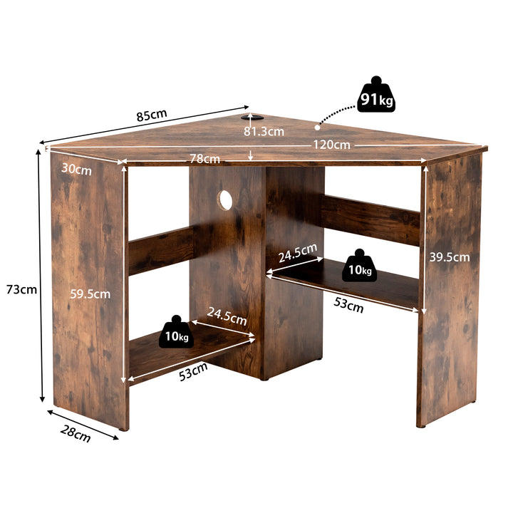 Triangle Corner Computer Desk with Open Shelf and Cable Holes-Rustic Brown