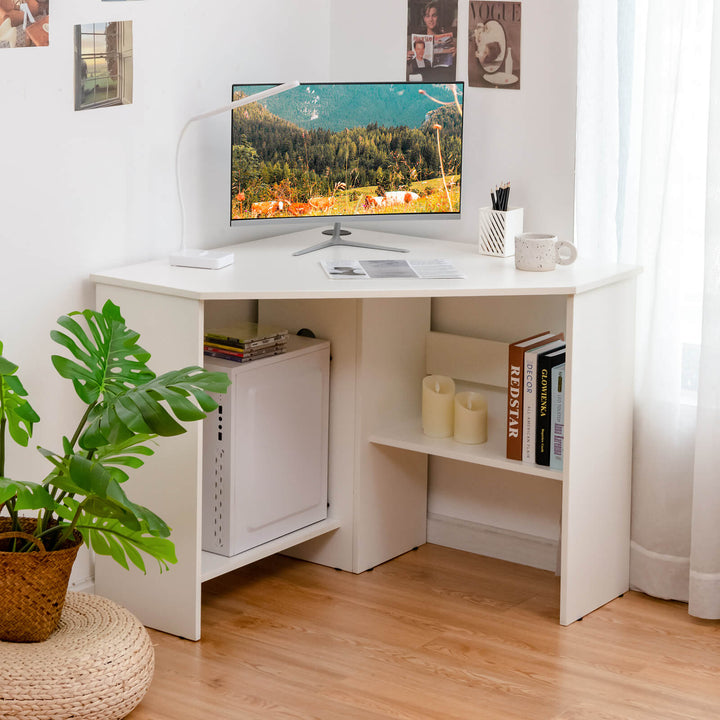 Triangle Corner Computer Desk with Open Shelf and Cable Holes-White