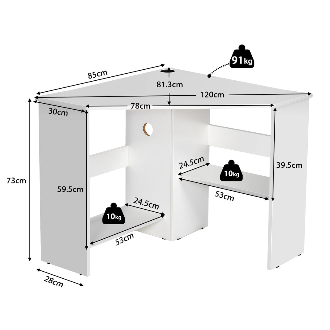 Triangle Corner Computer Desk with Open Shelf and Cable Holes-White