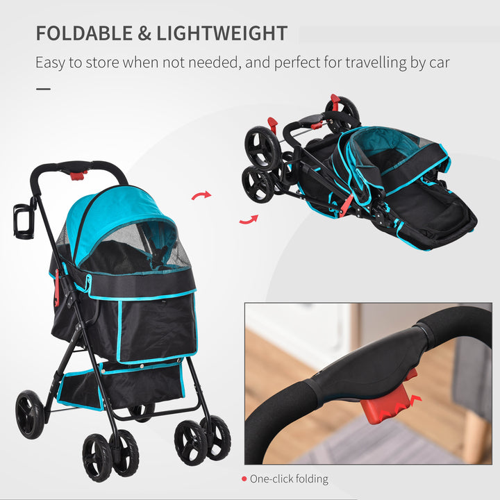 PawHut Pet Stroller Pushchair Travel One-Click Fold Trolley with EVA Wheels Brake Removable Cloth Basket Bottle Holder Adjustable Canopy Safety Leash