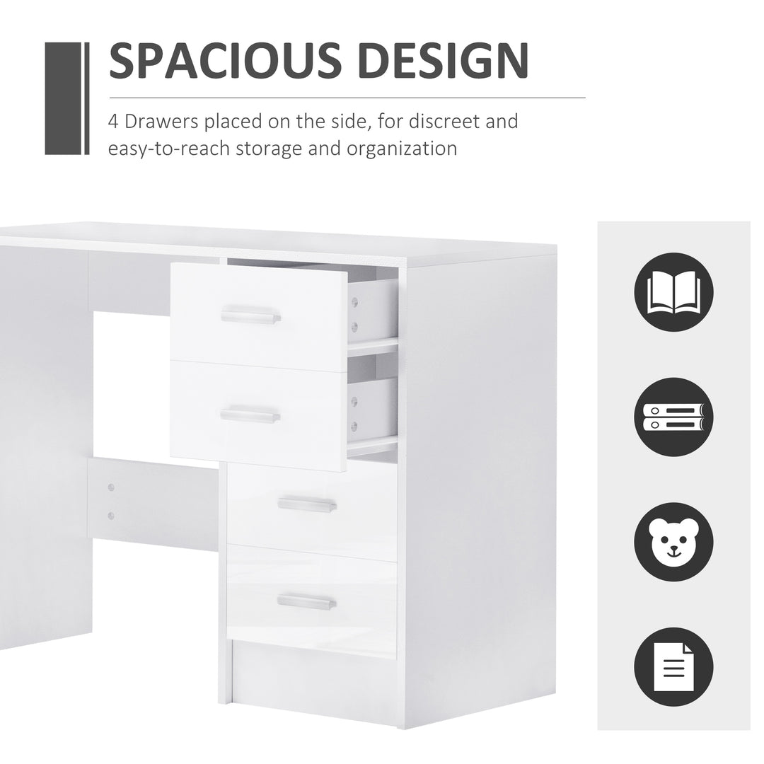 Computer Writing Desk with 4 Drawers, High Gloss Home Office Workstation, White