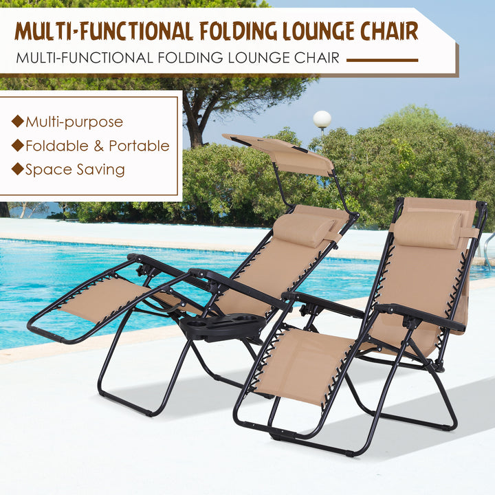 Outsunny Zero Gravity Garden Deck Folding Chair Patio Sun Lounger Reclining Seat with Cup Holder & Canopy Shade - Beige