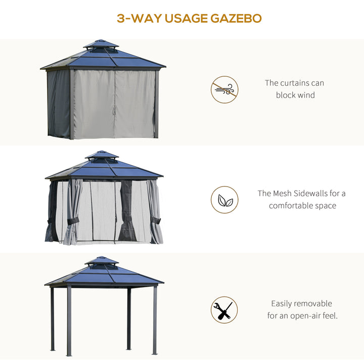 Outsunny 3 x 3(m) Polycarbonate Hardtop Gazebo Canopy with Double-Tier Roof and Aluminium Frame, Garden Pavilion with Mosquito Netting and Curtains